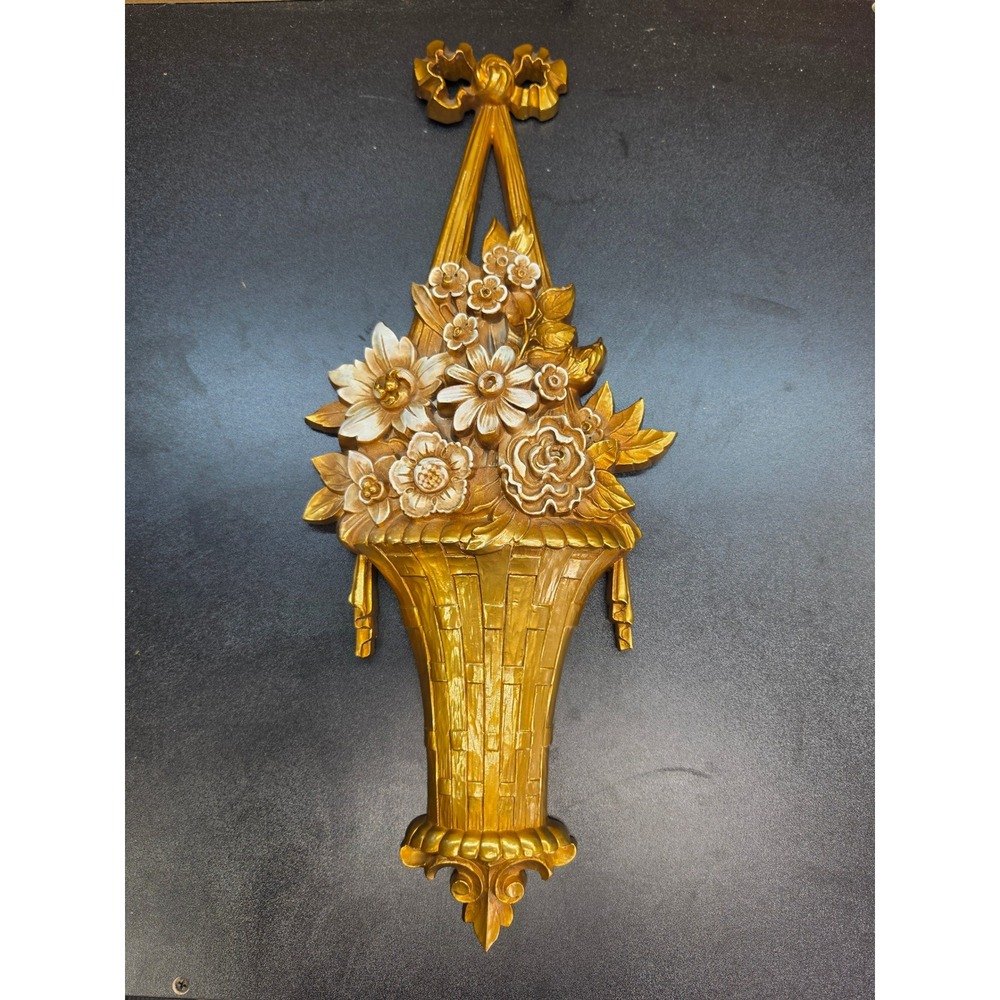 Vintage 1964 Syroco Gold Floral Basket Wall Hanging Decor 4967 Made in USA